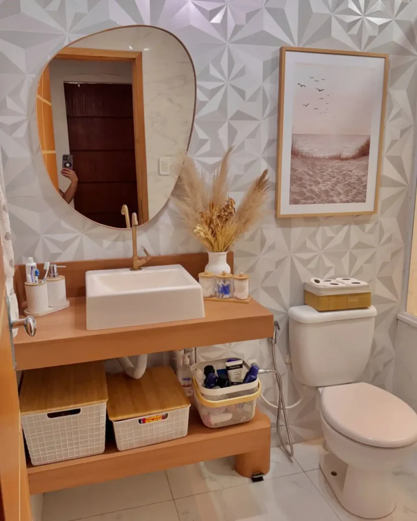 9. Oval Mirror with Geometric Wall Tiles