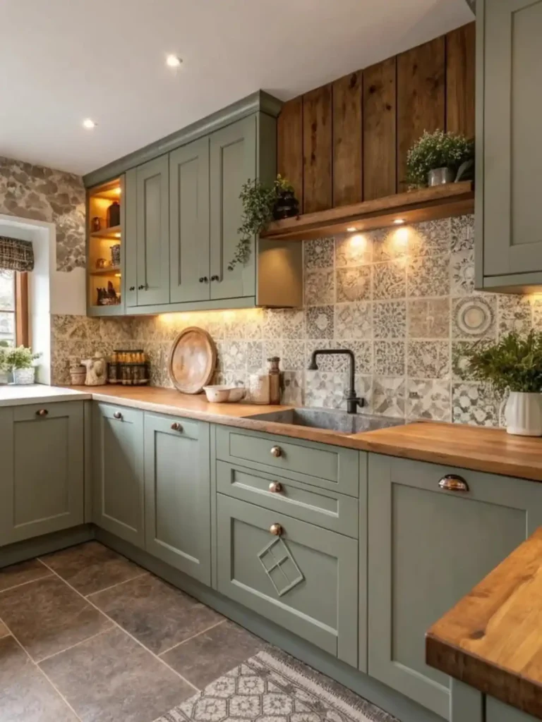 9. Patterned Tile Backsplash with Wood Shelf