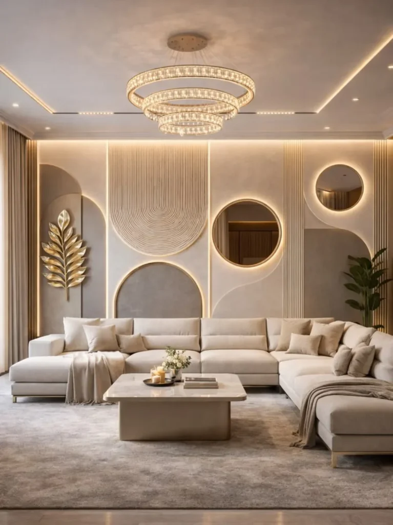 9. U Shaped Sofa With Sculptural Wall Feature