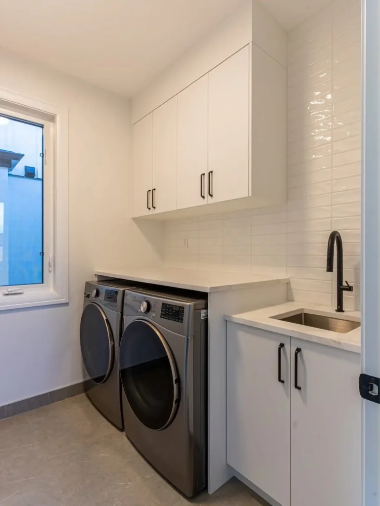 Crisp white laundry room