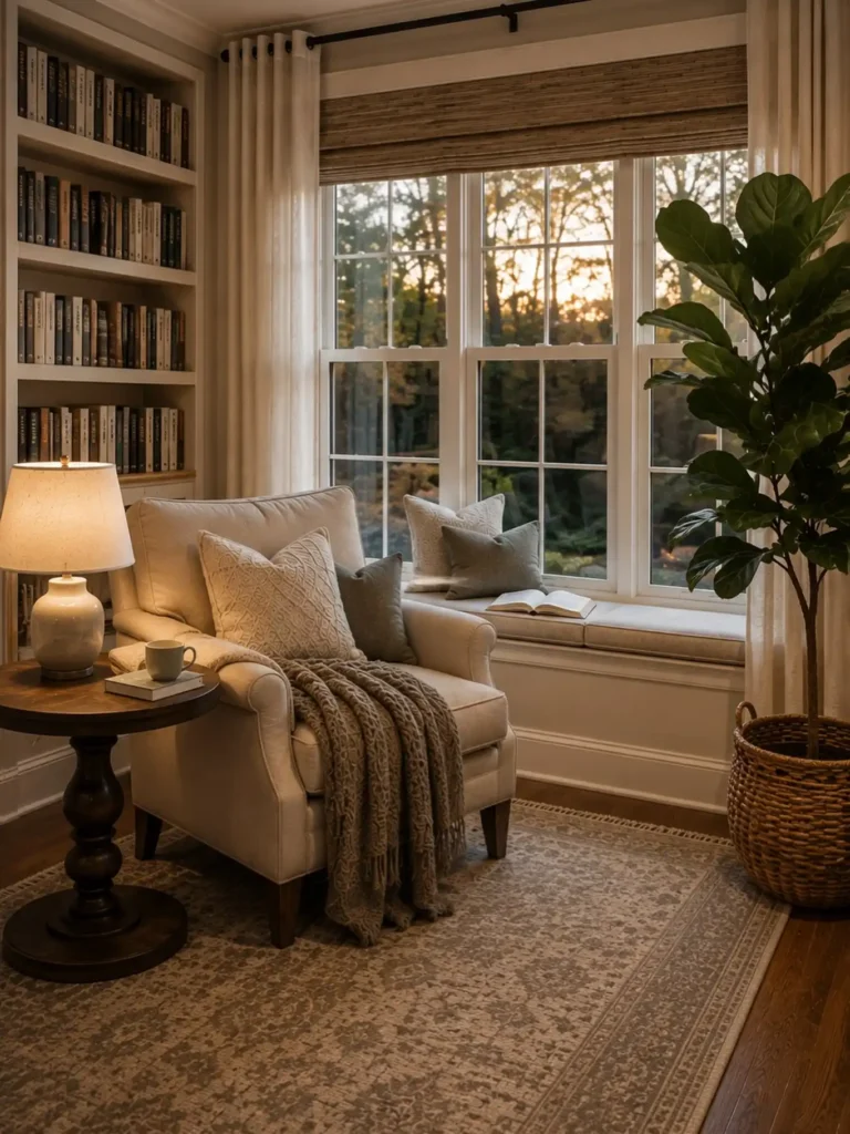 14 Cozy Living Room Reading Corners Built Around One Armchair 2 1. Bookshelf Corner With Window Seat