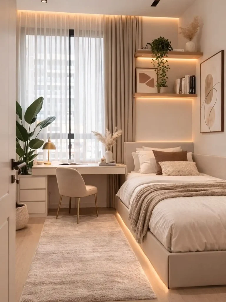 1. Warm Neutral Bedroom with Built In Shelving