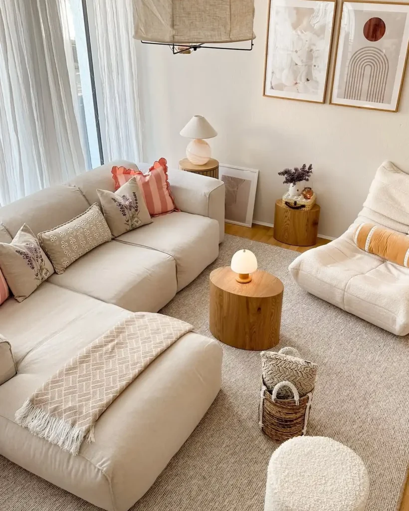 10. Boho Beige Living Room With Wood Stump Tables
