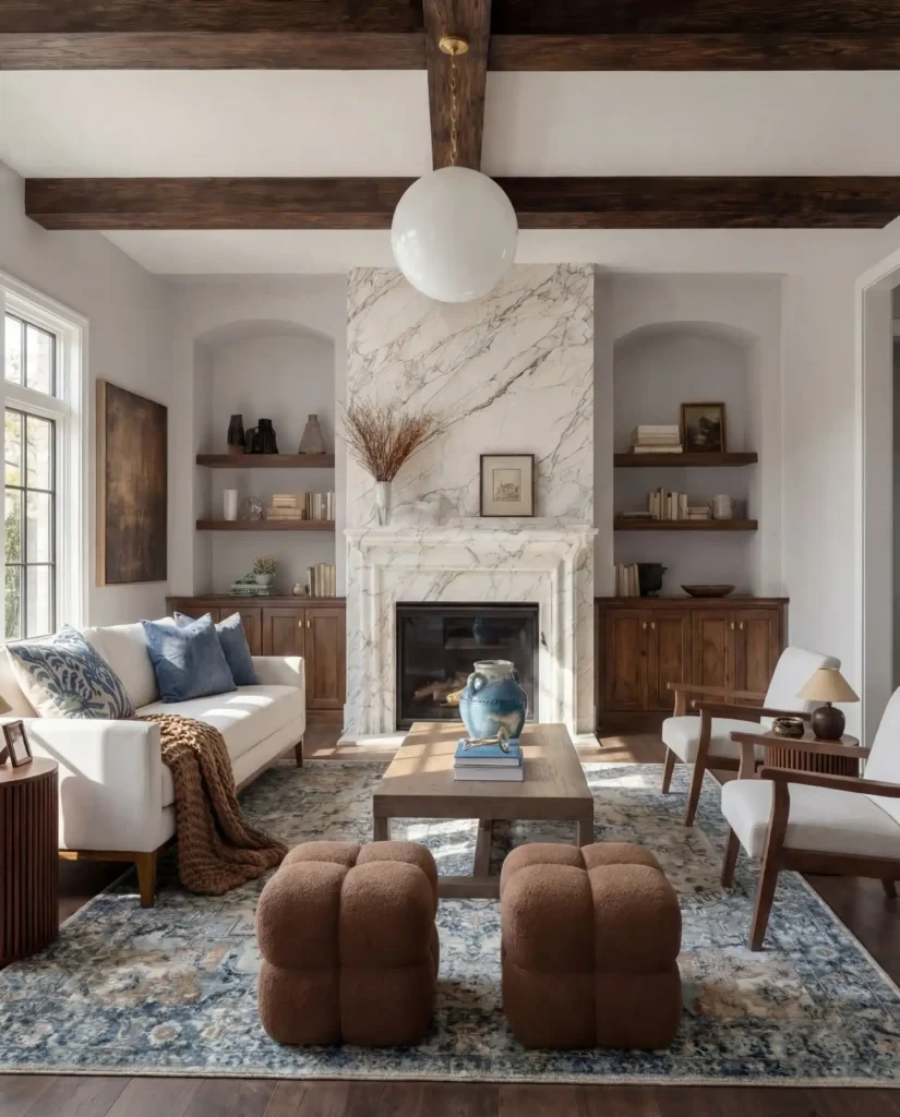 10. Marble Fireplace With Rust Ottomans