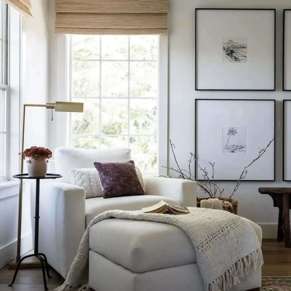 10. White Linen Chair with Gallery Wall Art