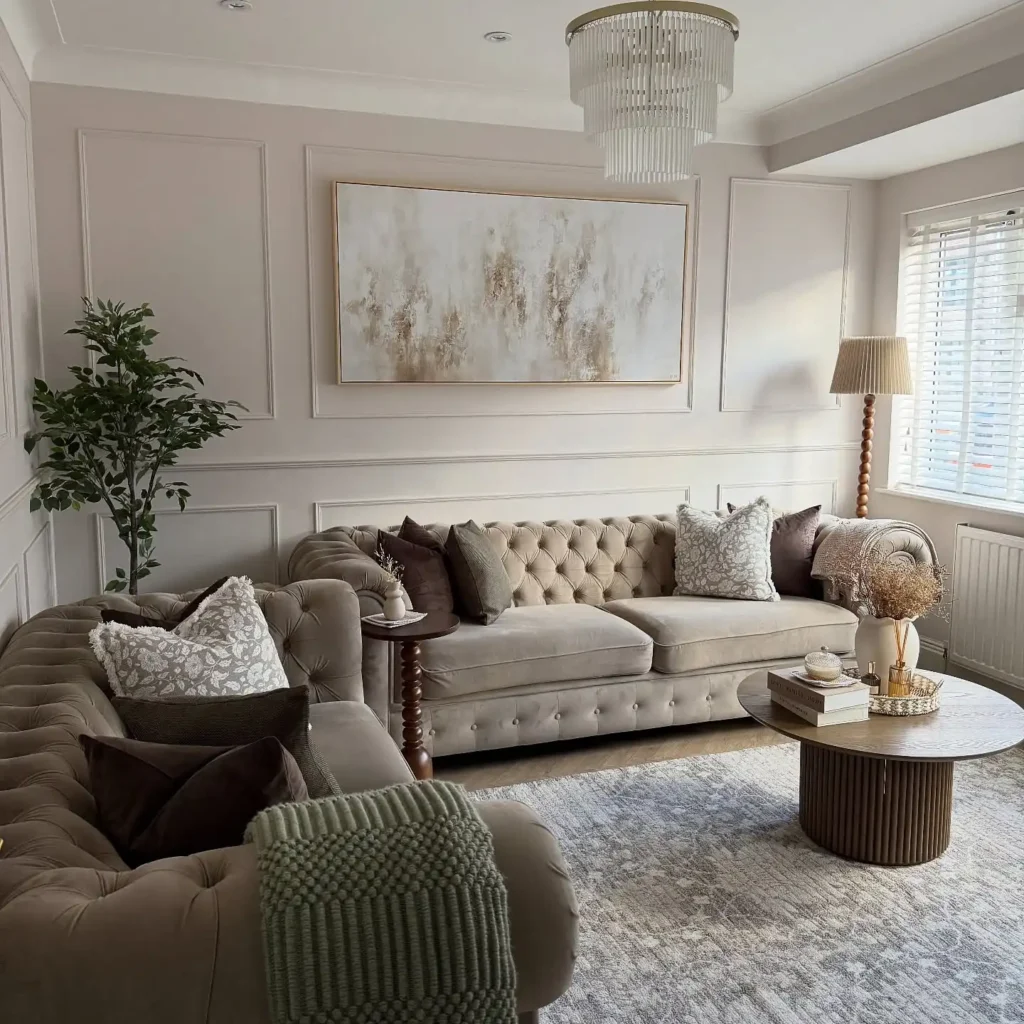 11. Chesterfield Beige Living Room With Tufted Velvet Sofas