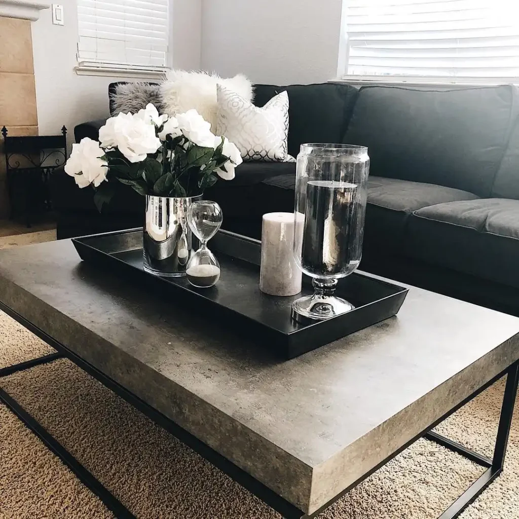 11. Concrete Coffee Table With Black Metal Tray