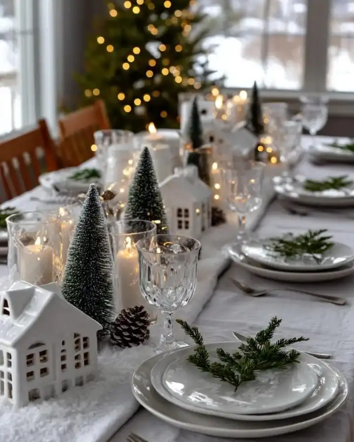11. Miniature Bottle Brush Trees and Ceramic Village Houses