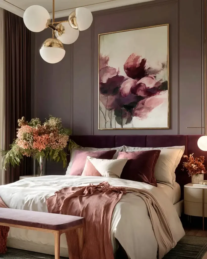 11. Plum Velvet Headboard with Floral Art