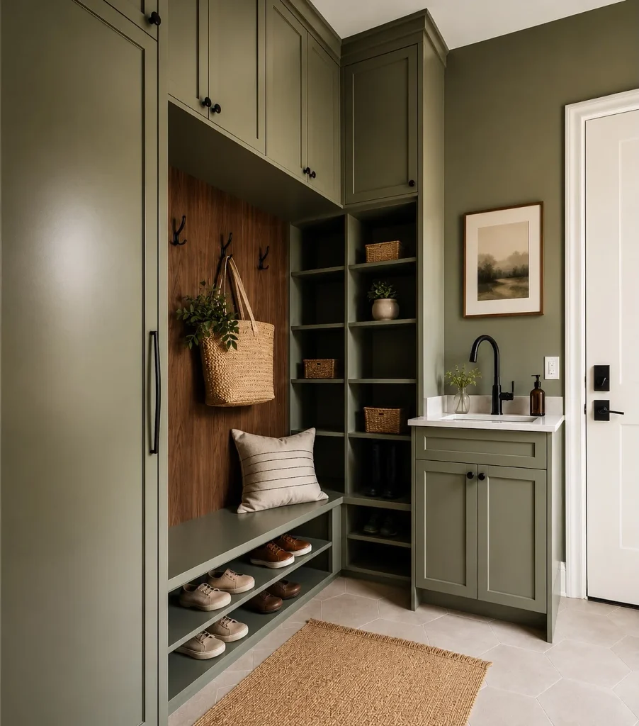 12. Olive Green Nook with Wood Backed Cubbies