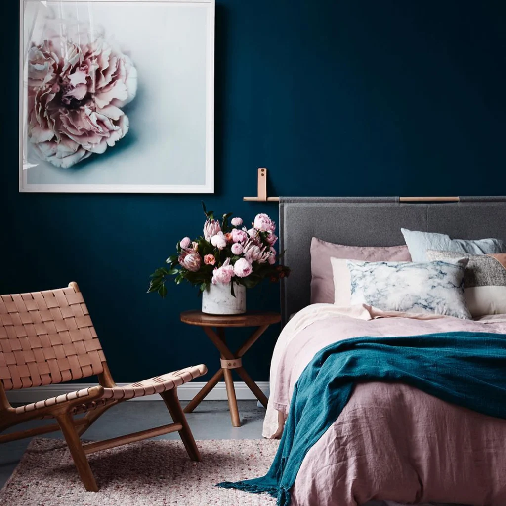 12. Peacock Blue Walls with Blush Bedding