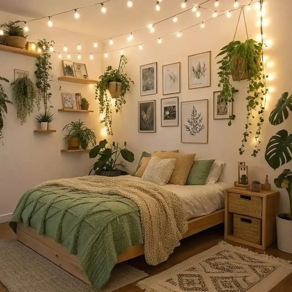 12. Plant Filled Bedroom with Botanical Gallery Wall