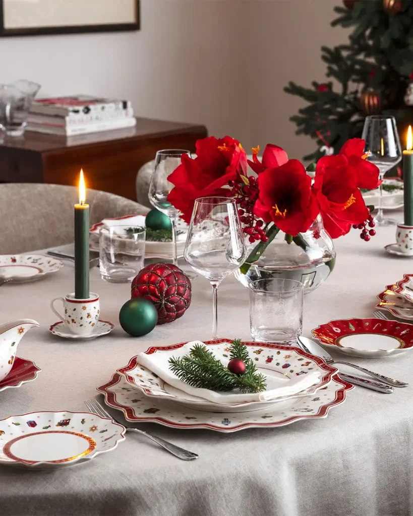 12. Red Amaryllis Blooms with Patterned Holiday China