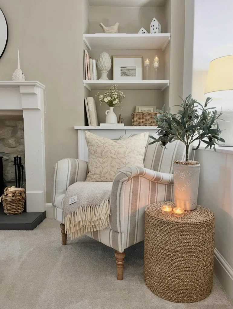 14 Cozy Living Room Reading Corners Built Around One Armchair 13 12. Striped Chair Beside a Marble Fireplace