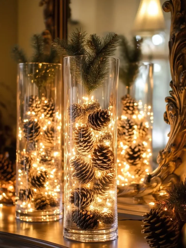 13. Glass Cylinder Vases Filled with Pinecones and Fairy Lights