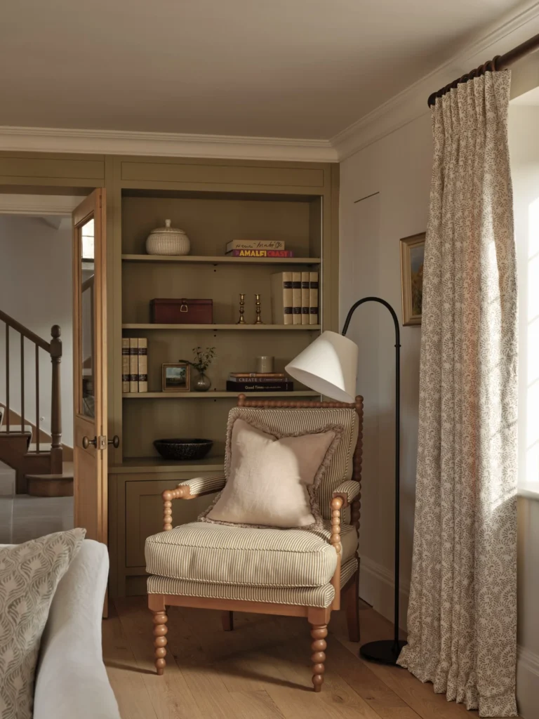 14 Cozy Living Room Reading Corners Built Around One Armchair 14 13. Spindle Leg Chair Against an Olive Bookcase