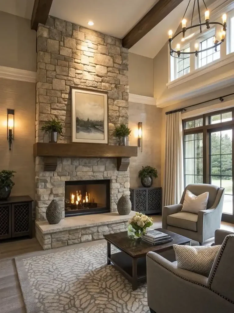 13. Stacked Stone Fireplace With Iron Ring Chandelier 768x1024 1