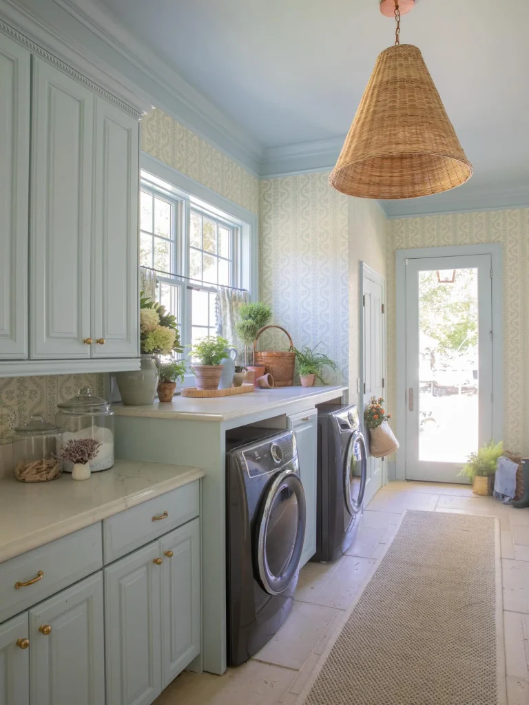 13. Vintage Cottage Laundry with Woven Pendant Light