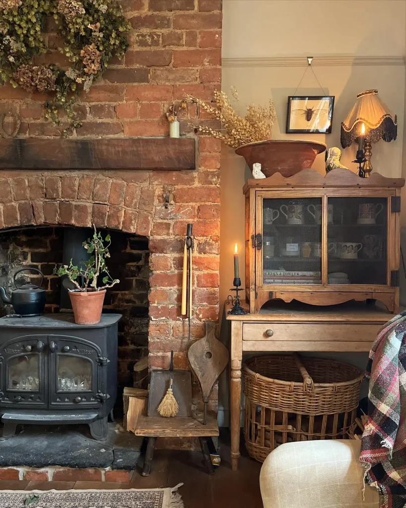 14. Brick Chimney With Cast Iron Wood Stove