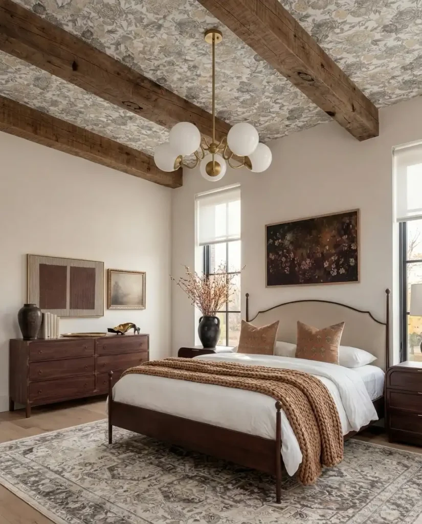 14. Floral Ceiling with Exposed Beams Bedroom