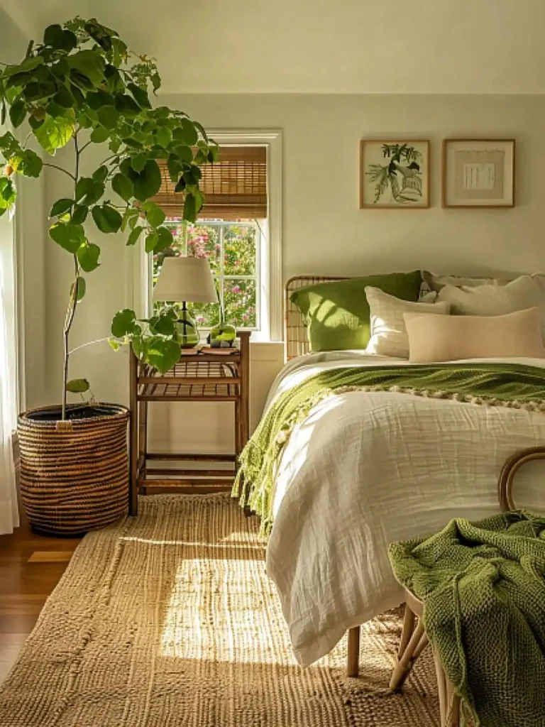 14. Rattan Bar Cart Nightstand with Potted Tree