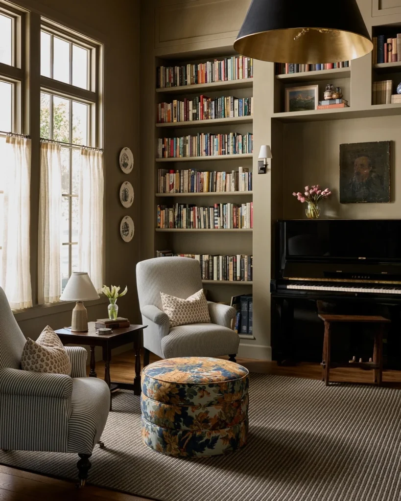 14 Cozy Living Room Reading Corners Built Around One Armchair 15 14. Striped Chairs Facing a Piano Wall Library