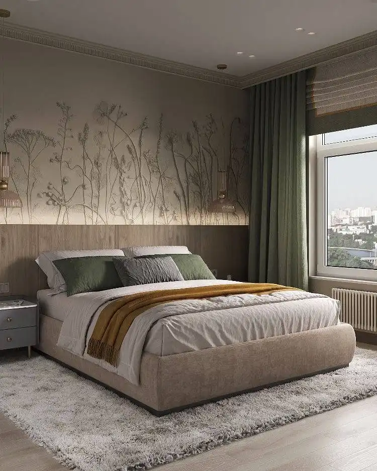 15. Botanical Mural Bedroom with Wood Paneling