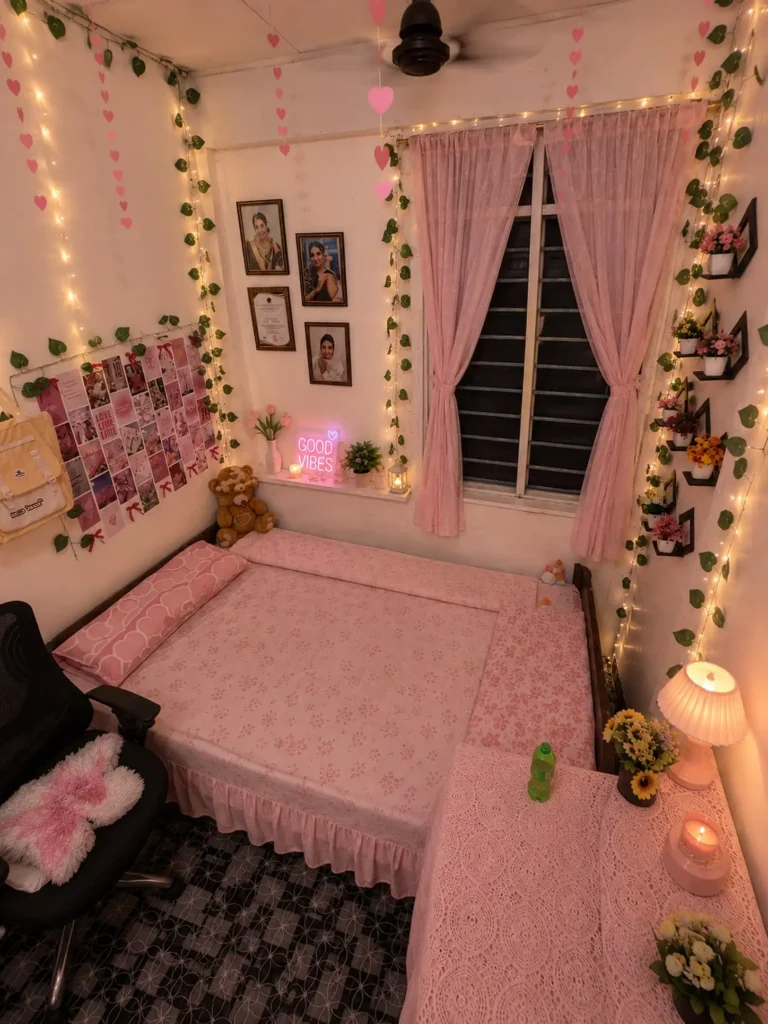 15. Pink Fairy Light Corner with Trailing Vines