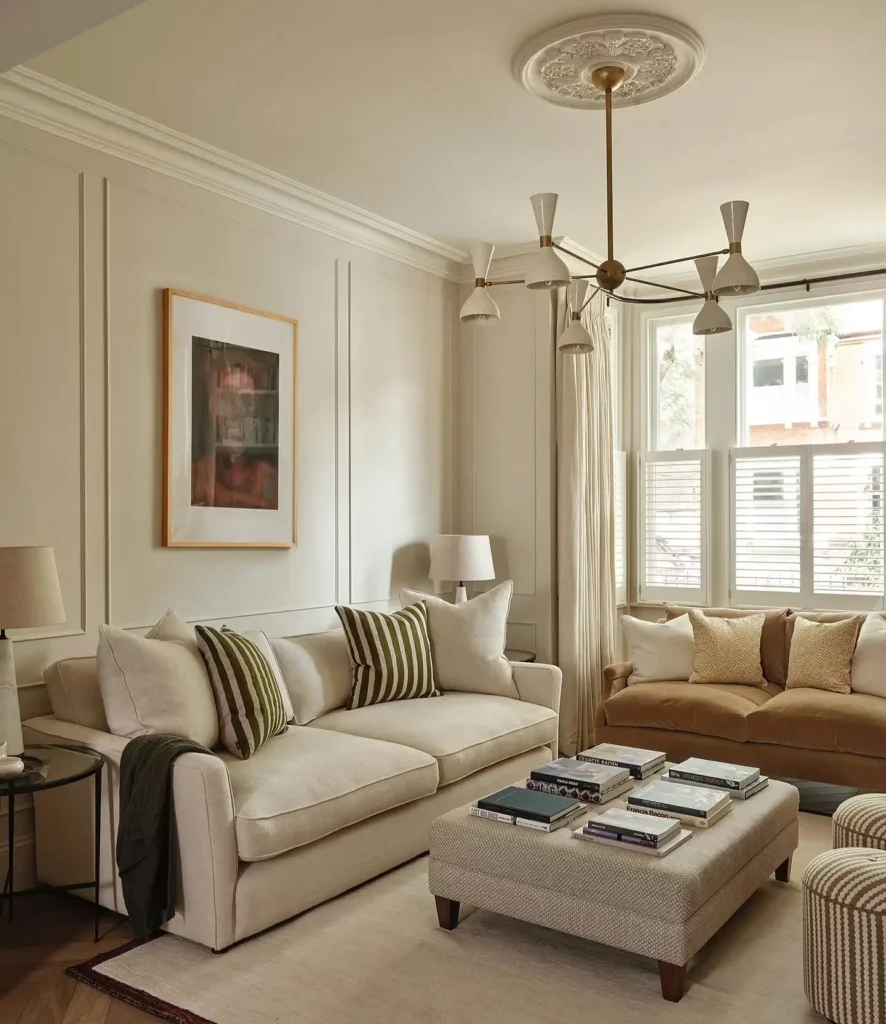 2. Beige Living Room With Panelled Walls And Brass Chandelier