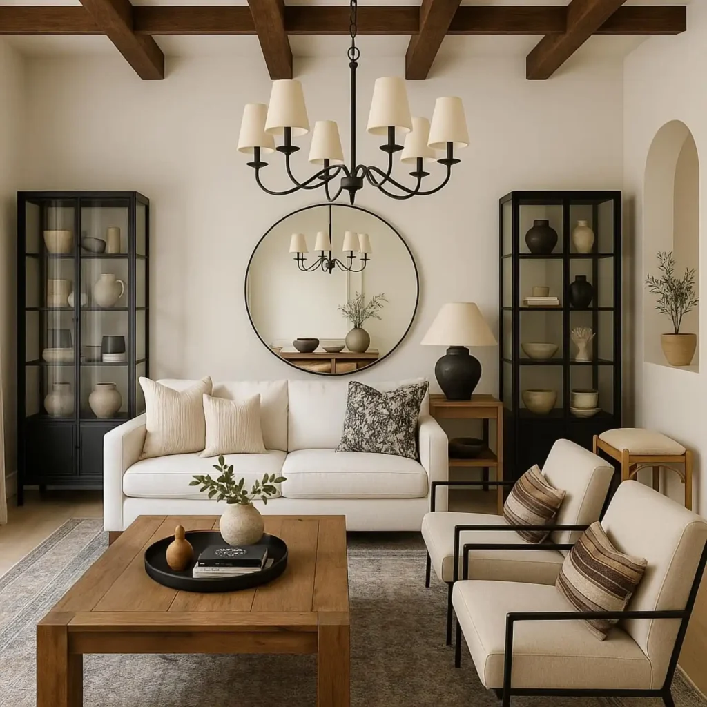 2. Black Iron Cabinets Framing A Round Mirror