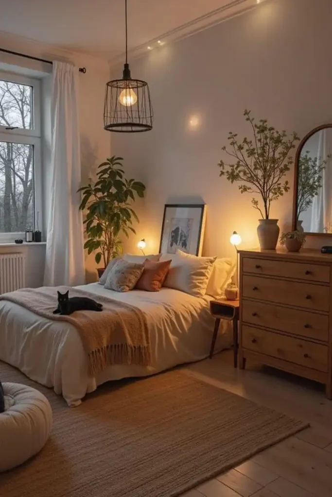 2. Cozy Evening Bedroom with Wire Cage Pendant Light