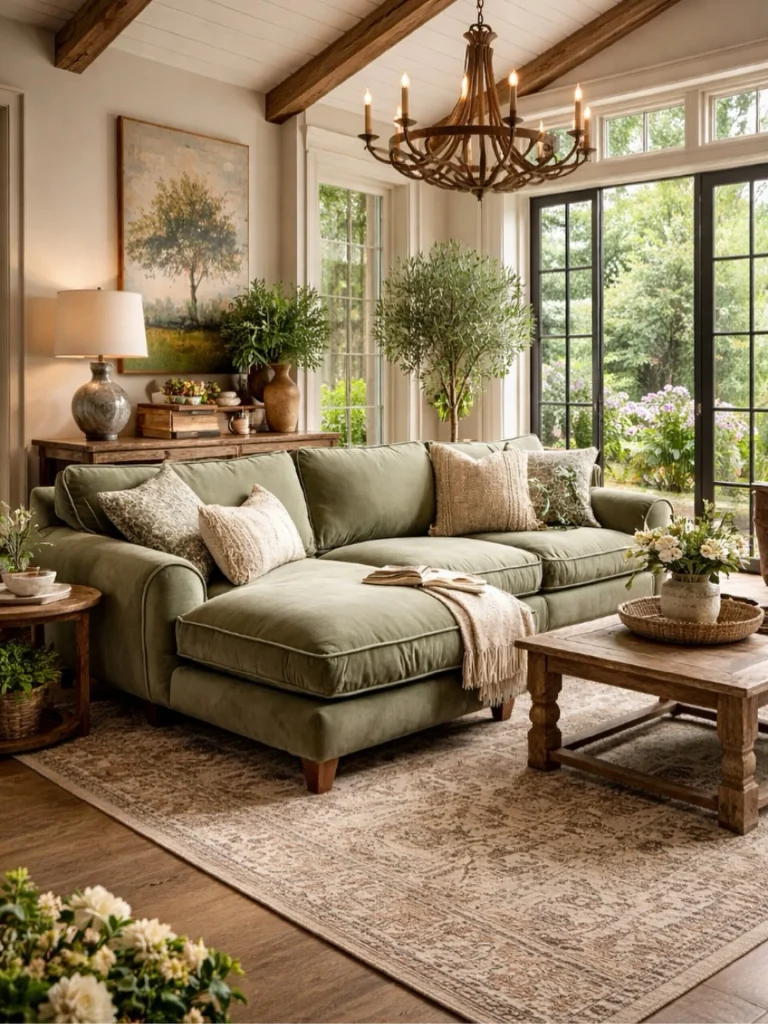 2. Olive Green Sectional With Wood Beam Ceiling 768x1024 1