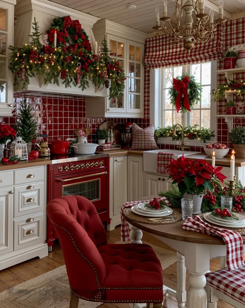 2. Red Tile Backsplash with Festive Garland and Plaid Accents 1