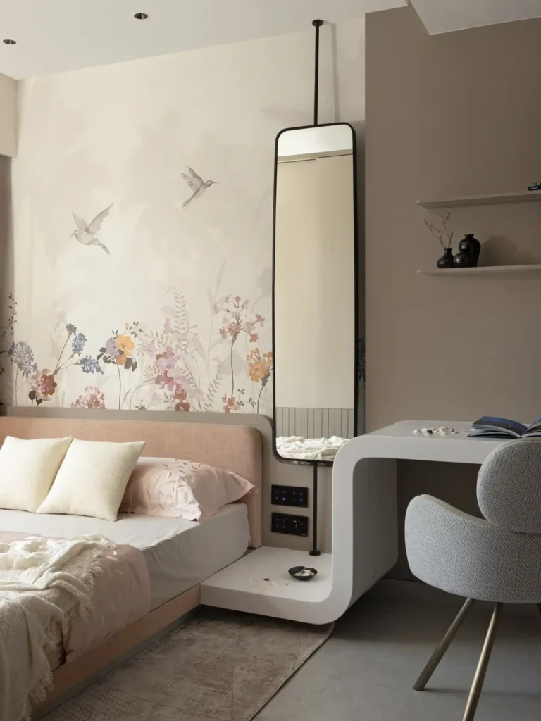 2. Sculptural Nightstand with Ceiling Hung Mirror