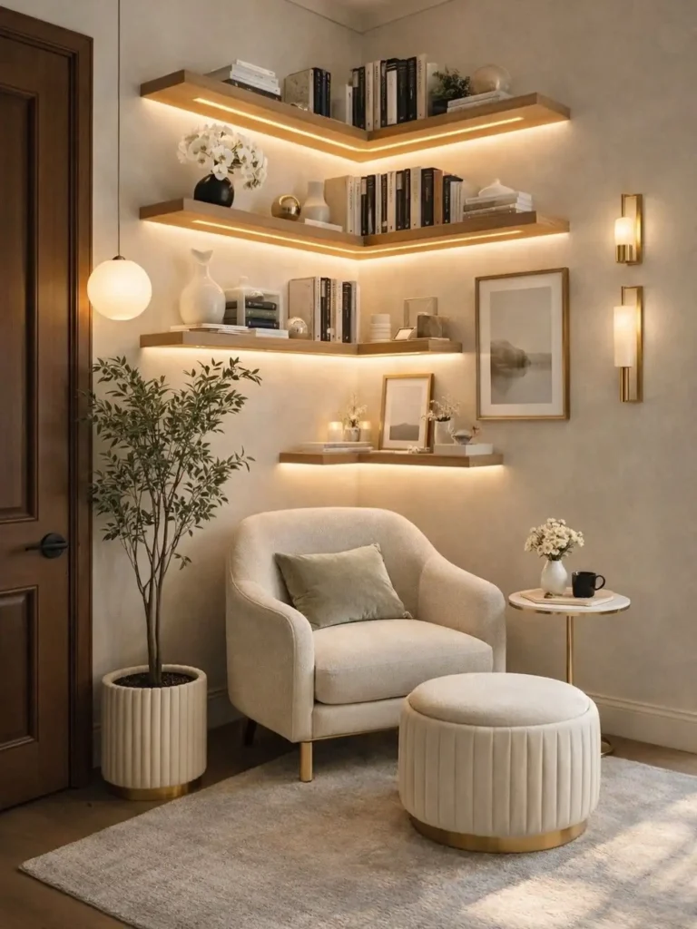 14 Cozy Living Room Reading Corners Built Around One Armchair 3 3. Corner Shelving With Backlit Ledges