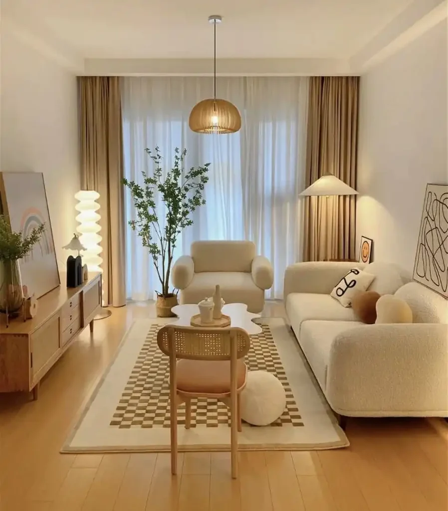 3. Cozy Beige Living Room With Cloud Sofa And Rattan Chair