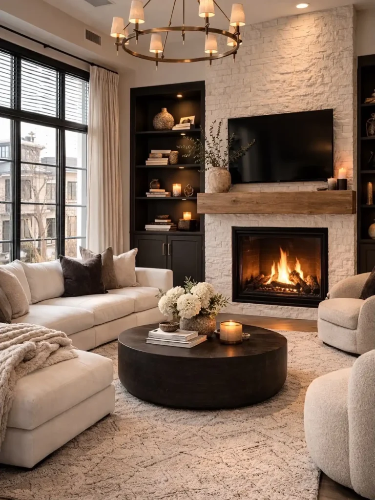 3. Round Black Coffee Table By The Fireplace