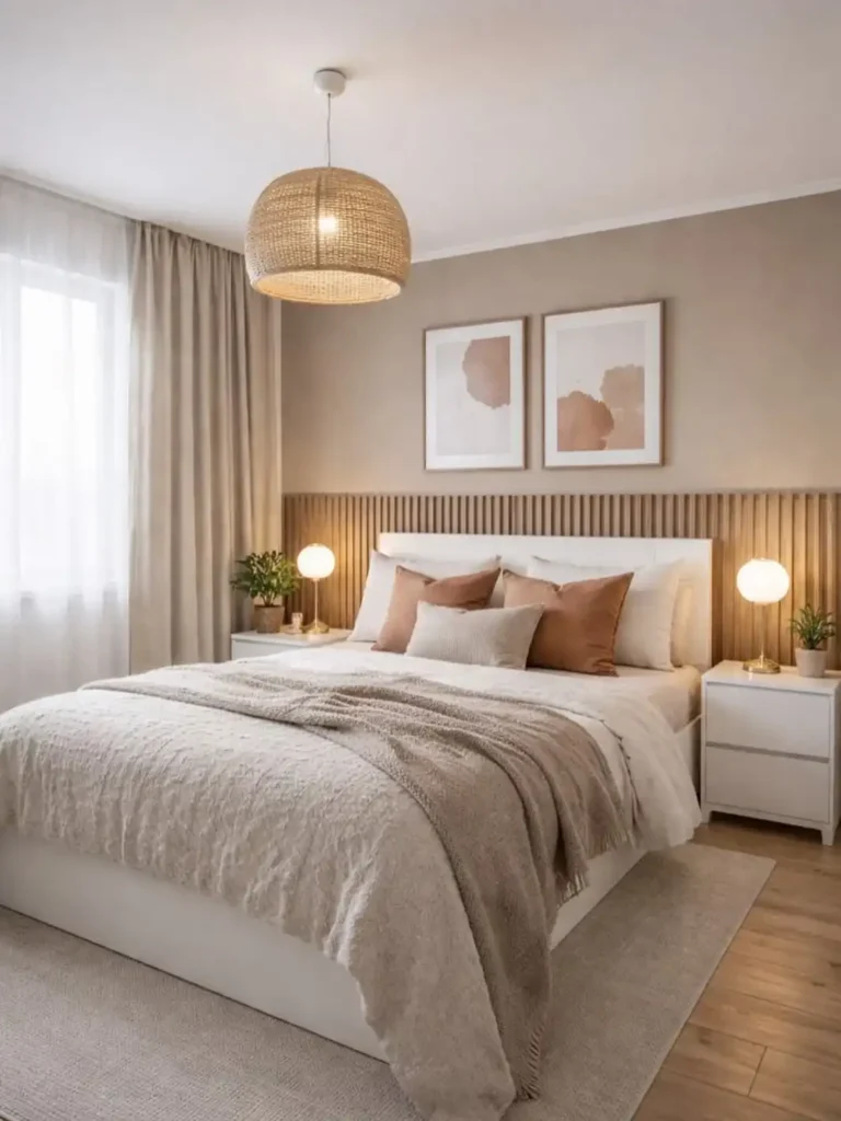 3. Symmetrical Bedroom with Woven Rattan Pendant