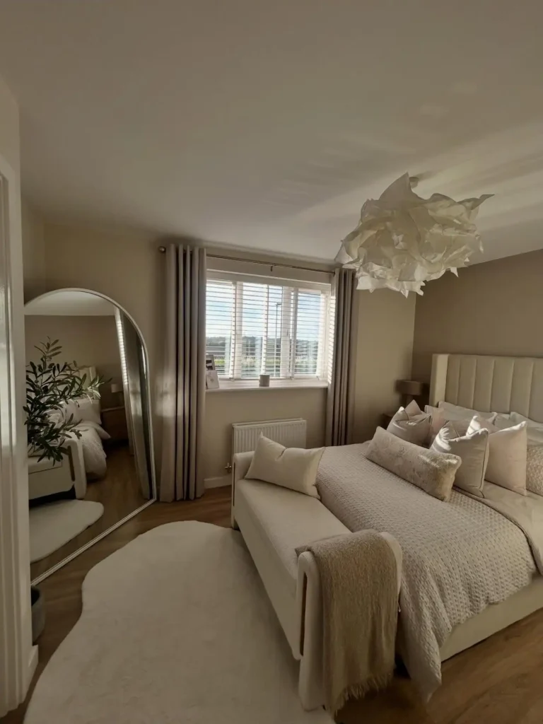 4. All White Bedroom with Sculptural Paper Pendant