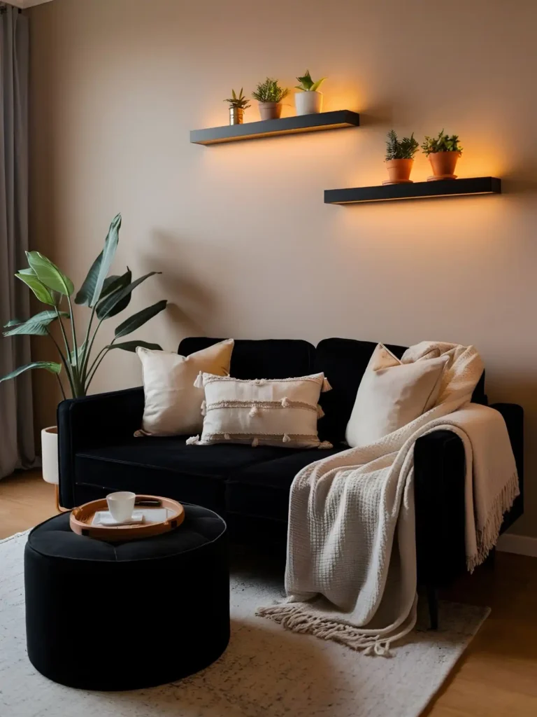 4. Black Velvet Sofa Under Glowing Shelves