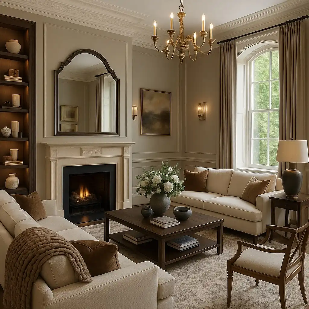 4. Traditional Beige Living Room With Fireplace And Arched Mirror