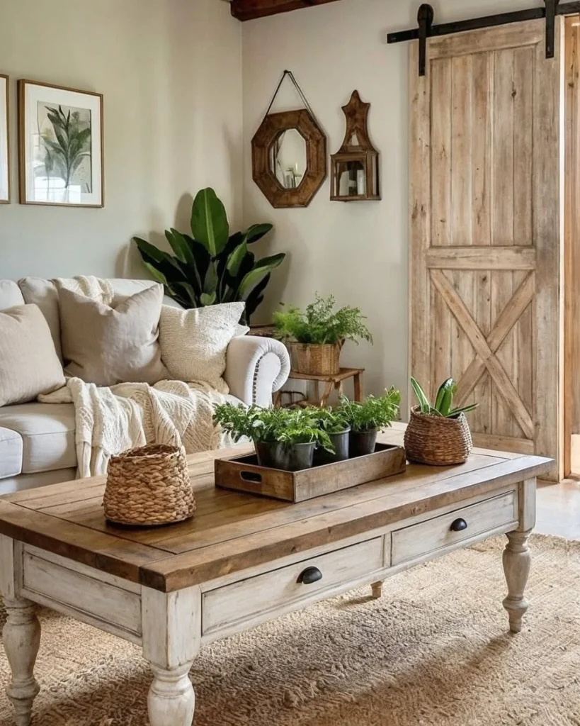 4. Weathered Coffee Table With Sliding Barn Door