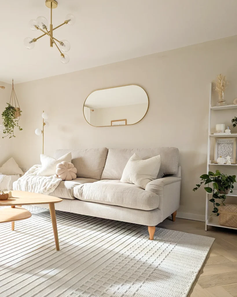 5. Bright Beige Living Room With Oval Mirror And Sunlit Rug