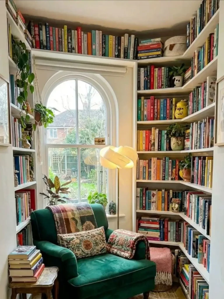 14 Cozy Living Room Reading Corners Built Around One Armchair 4 5. Emerald Chair Tucked Into a Book Nook