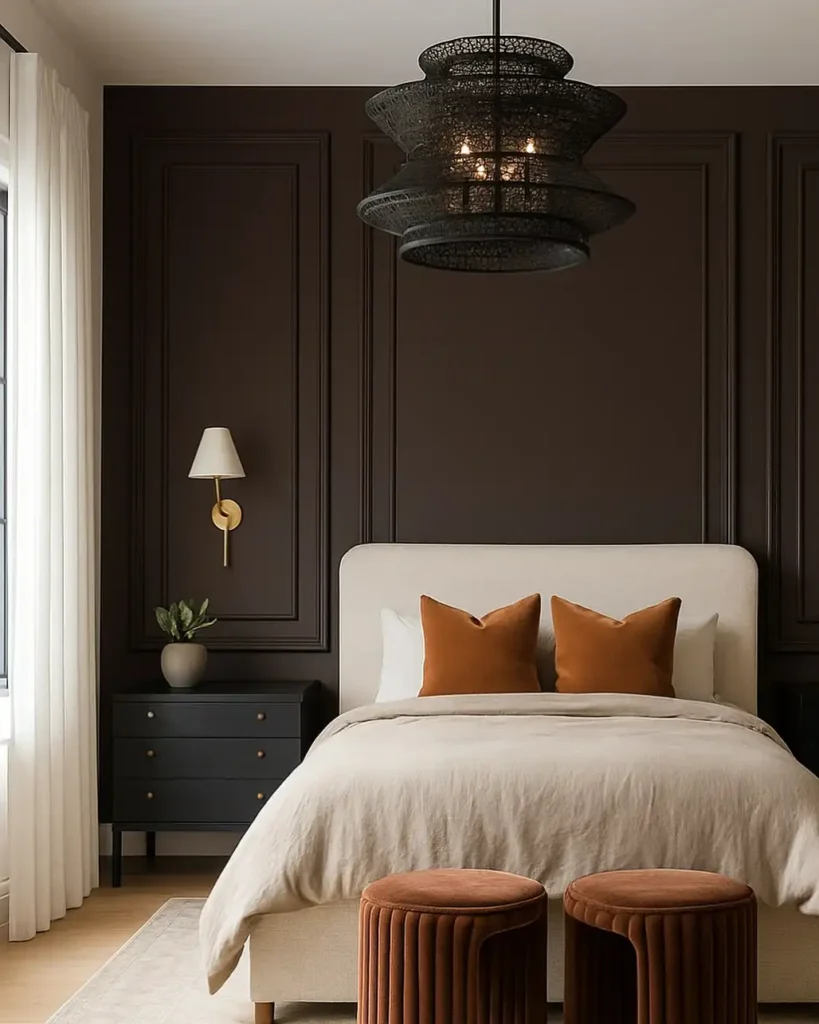 5. Espresso Paneled Wall with Statement Pendant