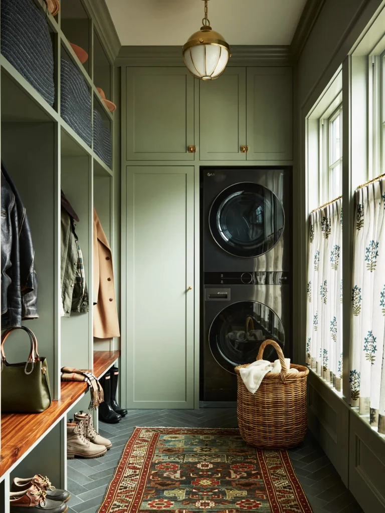 5. Hidden Stacked Units Behind Sage Cabinetry