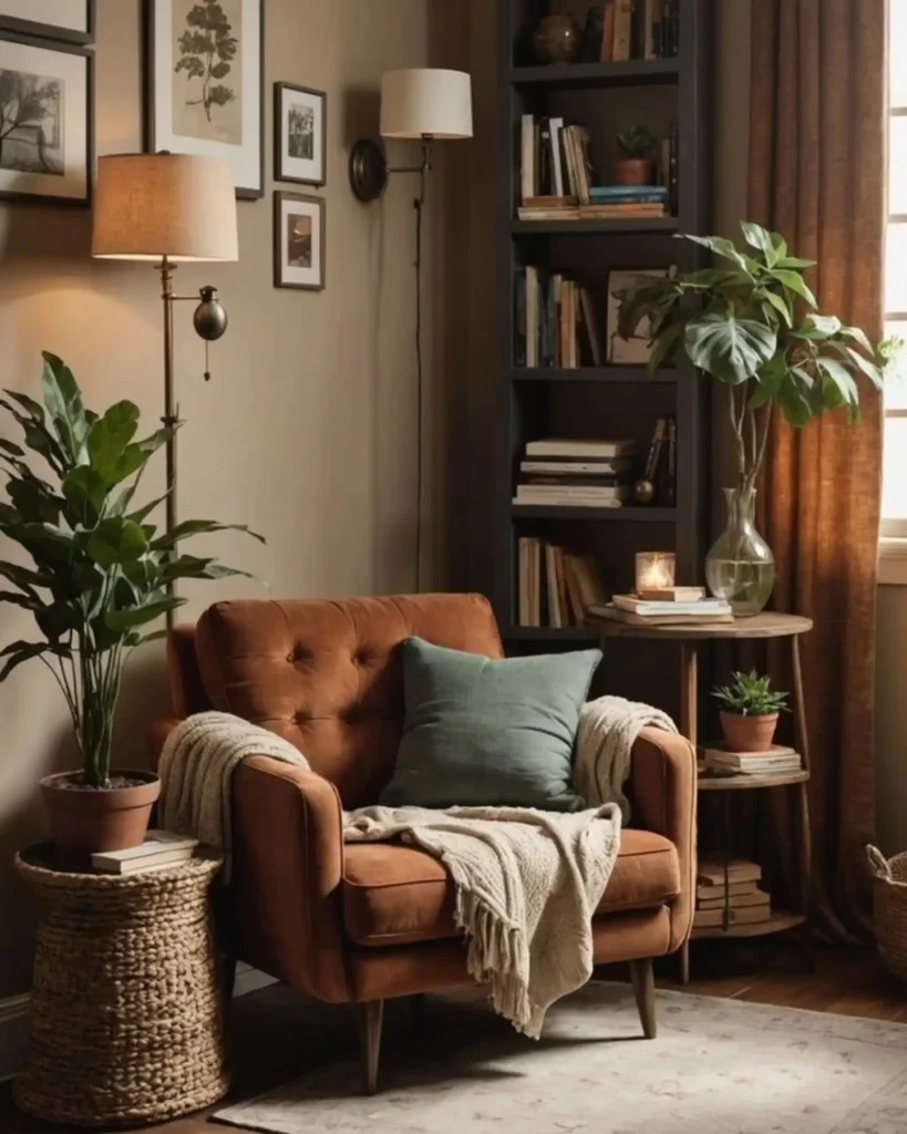 14 Cozy Living Room Reading Corners Built Around One Armchair 6 5. Rust Velvet Chair With Tufted Back