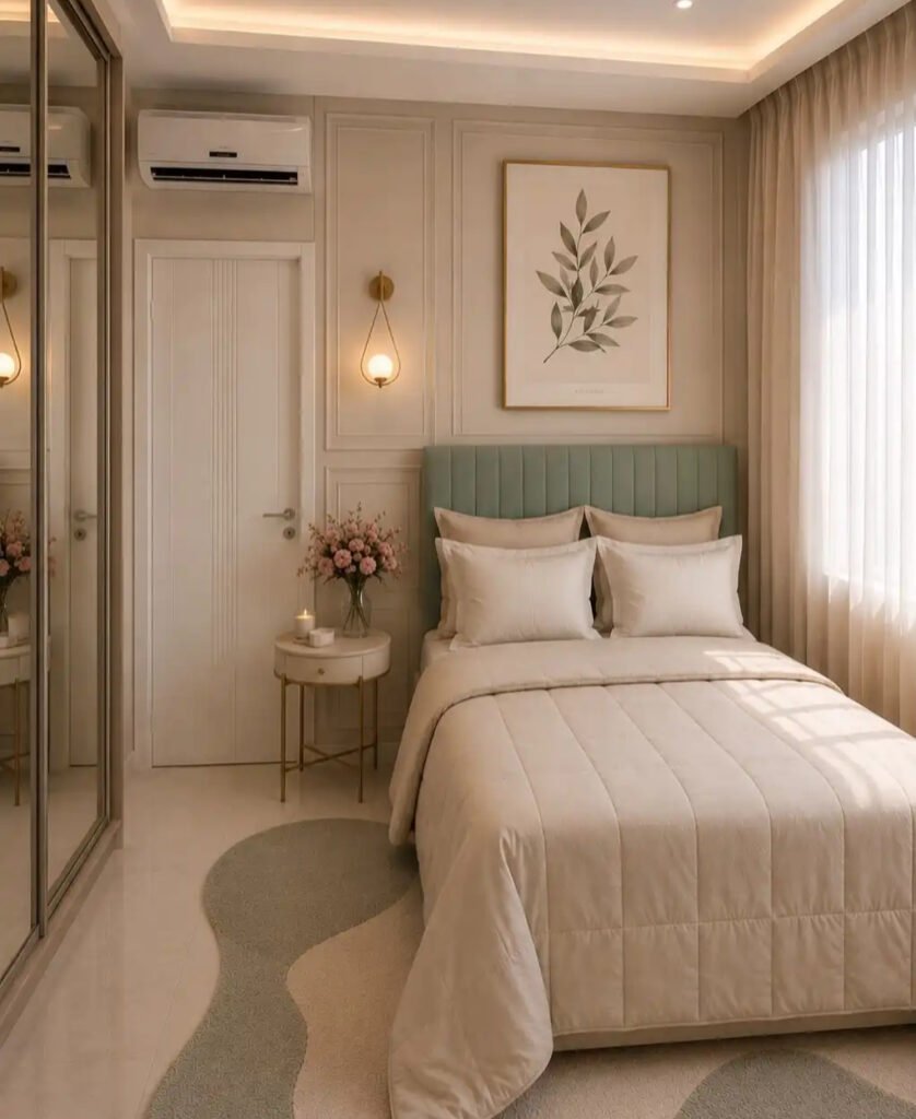 5. Sage Green Headboard with Mirrored Wardrobe