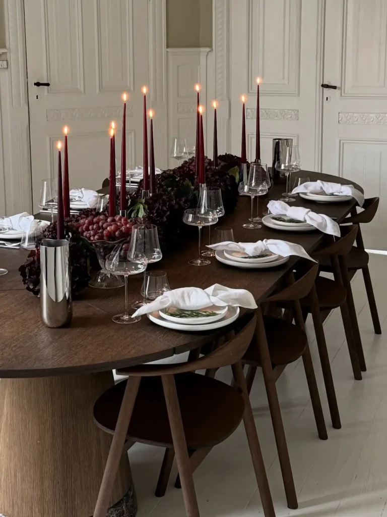 6. Burgundy Taper Candles with Grape and Hydrangea Centerpiece