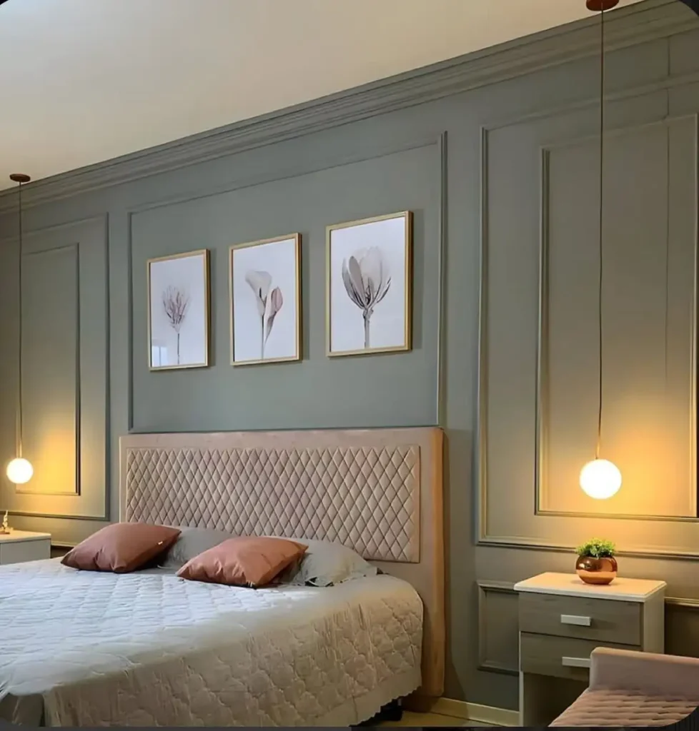 6. Sage Grey Panel Wall with Floral Trio